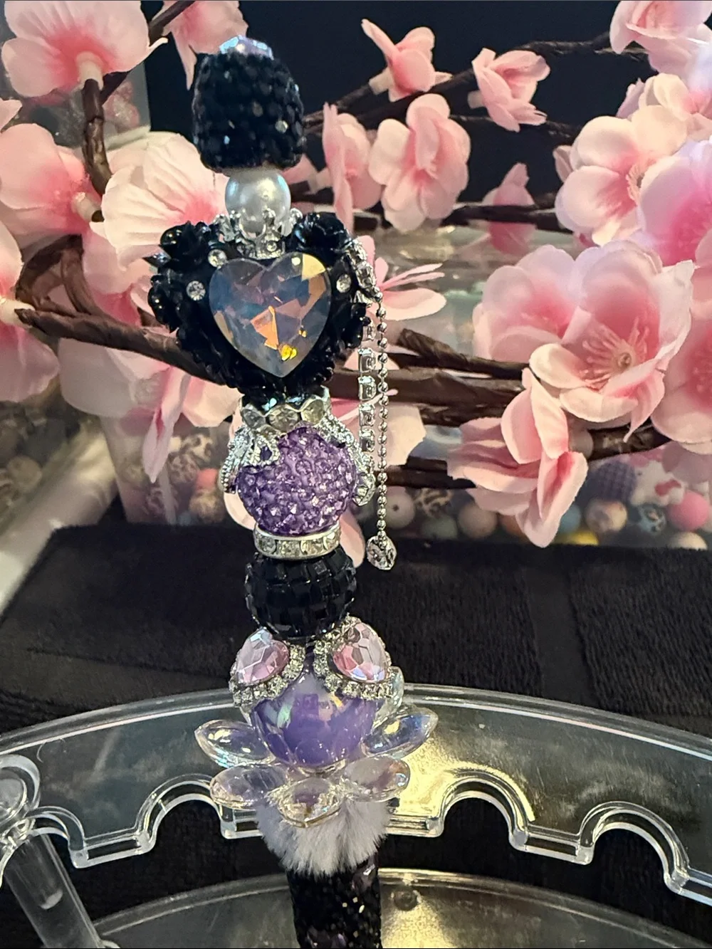 Handcrafted Black & Purple Decorative Pen with Heart Crystal Accent
